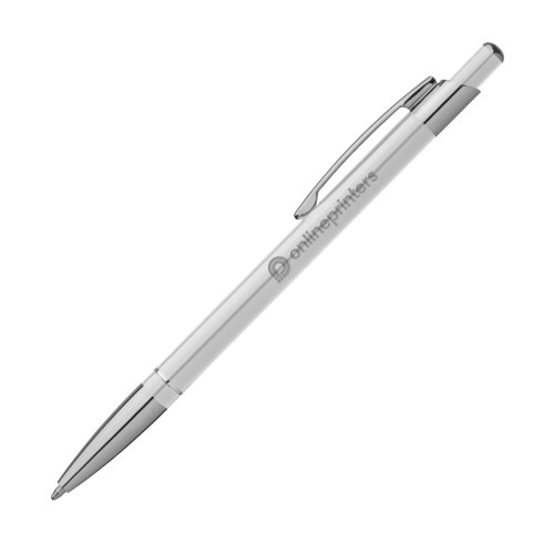White metal ballpoint pen with clip and push mechanism.