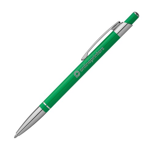 Green metal ballpoint pen with clip and push mechanism.
