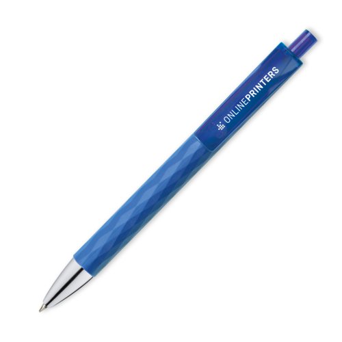 Blue ballpoint pen with clip and push-button mechanism.