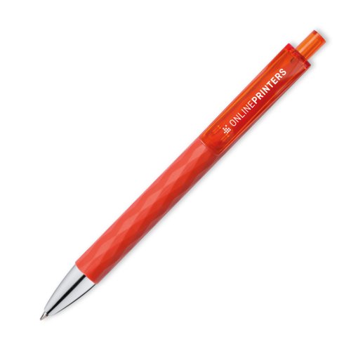 Red plastic ballpoint pen with clip and push button.