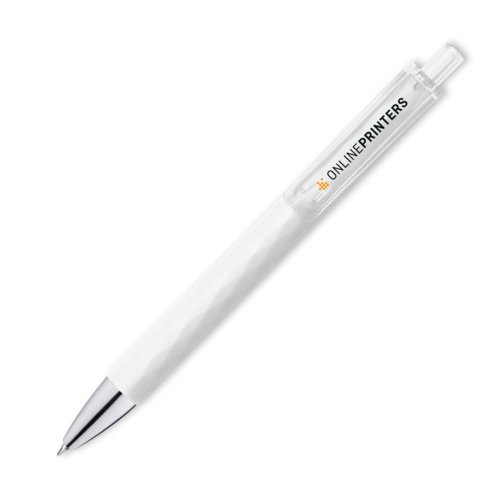 White ballpoint pen with clip and push mechanism.