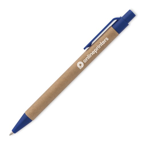 Blue paper ballpoint pen with clip and push mechanism.
