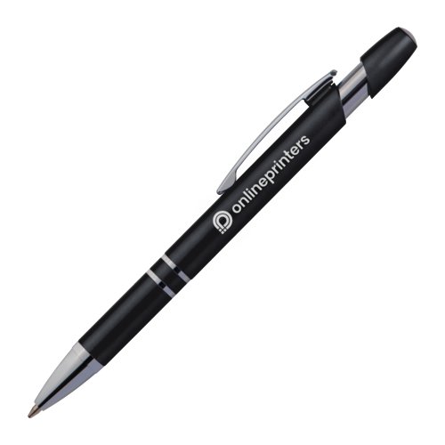 Black metal ballpoint pen with clip and push button.