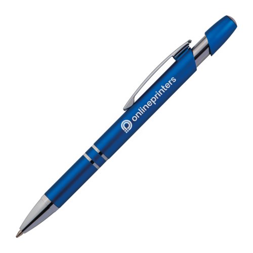 Blue metal ballpoint pen with clip and push button.