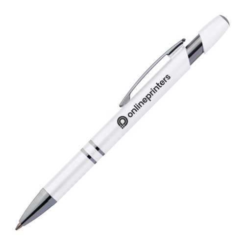 White plastic ballpoint pen with clip.