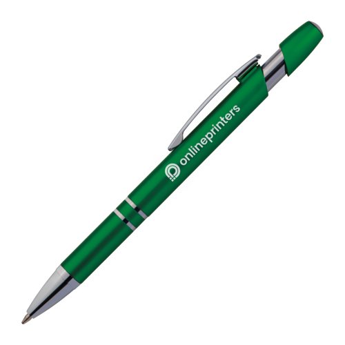 Green metal ballpoint pen with clip and push button.