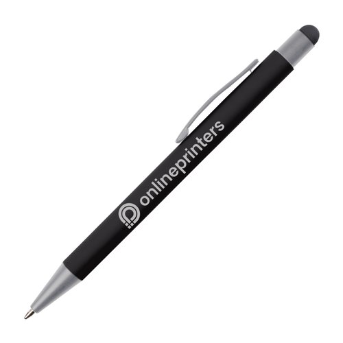 Black touch pen ballpoint with clip and touchscreen tip.