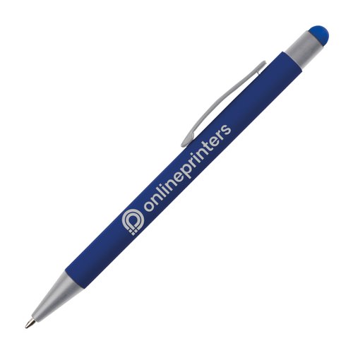 Blue touch pen with clip and rubber tip.