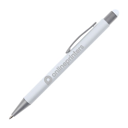 White touch pen ballpoint with clip and stylus.