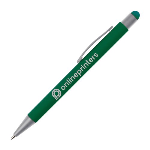 Green touch pen ballpoint with clip and stylus tip.
