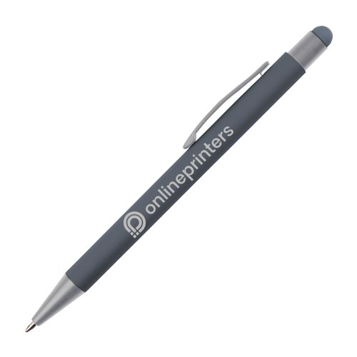 Gray metal ballpoint pen with touch pen and clip.