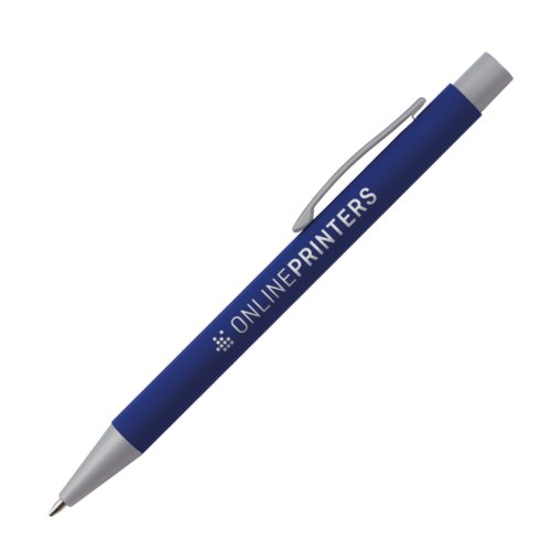 Blue ballpoint pen with clip and push mechanism.