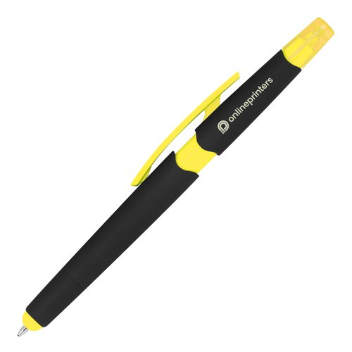 Yellow plastic ballpoint pen with touch function and clip.