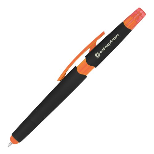 Orange pen with touch function and clip.