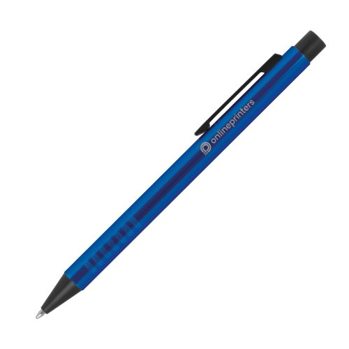 Blue metal ballpoint pen with pattern, clip, and push mechanism.