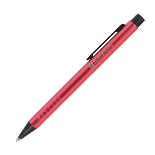 Red metal ballpoint pen with pattern, clip, and push mechanism.