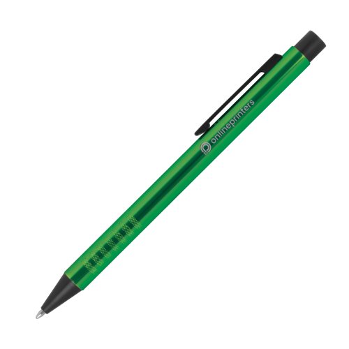 Green metal ballpoint pen with clip and push mechanism.