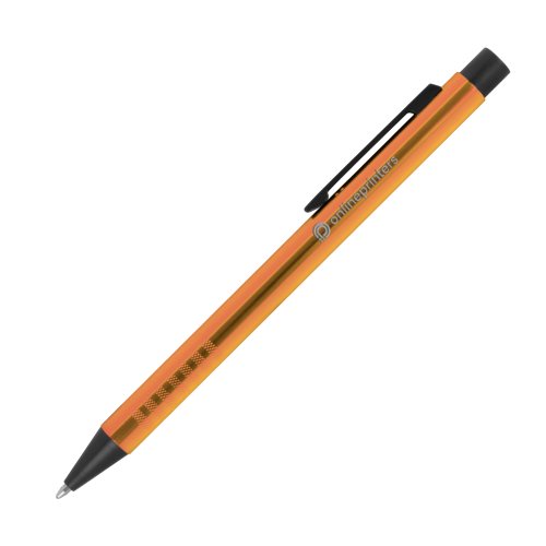 Orange metal ballpoint pen with pattern, clip, and push mechanism.