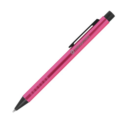 Pink metal ballpoint pen with pattern, clip and push mechanism.