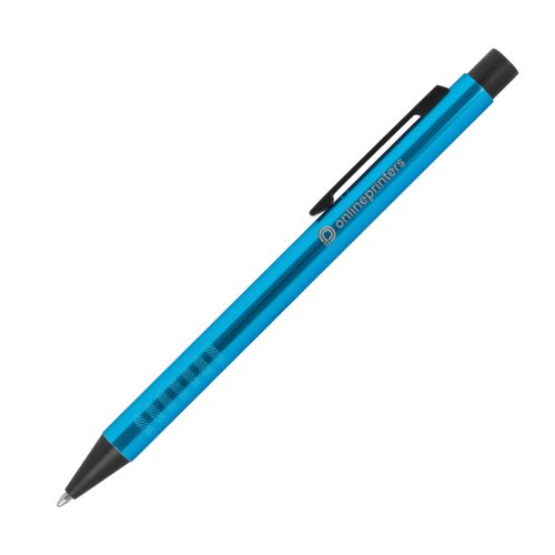 Turquoise metal ballpoint pen with pattern and clip.