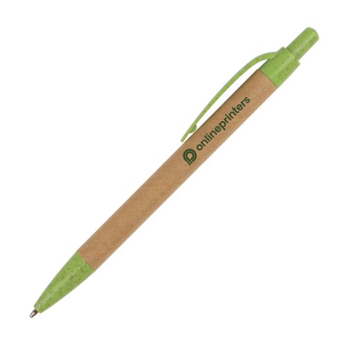 Paper ballpoint pen with clip and push mechanism.
