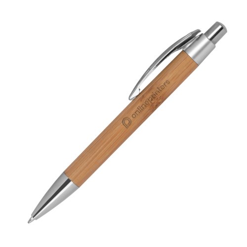 Bamboo ballpoint pen with metal elements and clip.
