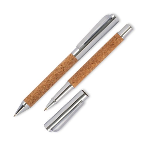 Brown cork writing set with ballpoint pen and rollerball.