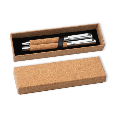 Brown cork writing set with ballpoint pen and case.