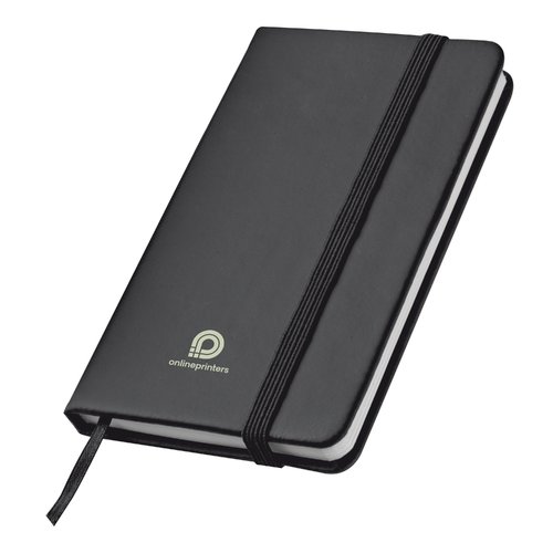 Black notebook with elastic band and ribbon bookmark.