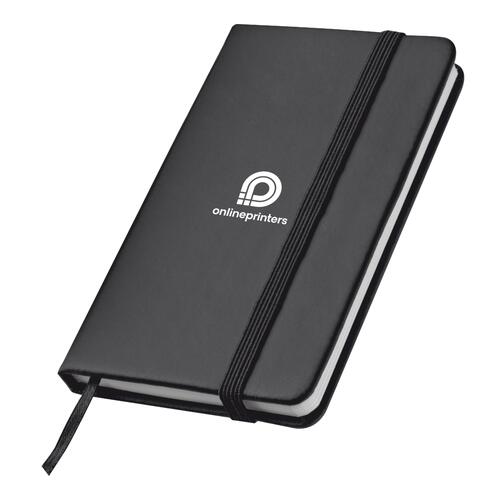 Black notebook with elastic band and ribbon bookmark.