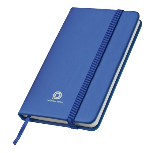 Blue notebook with elastic band and ribbon bookmark.