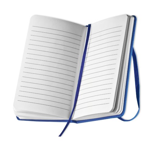 Blue notebook with elastic band and ribbon bookmark.