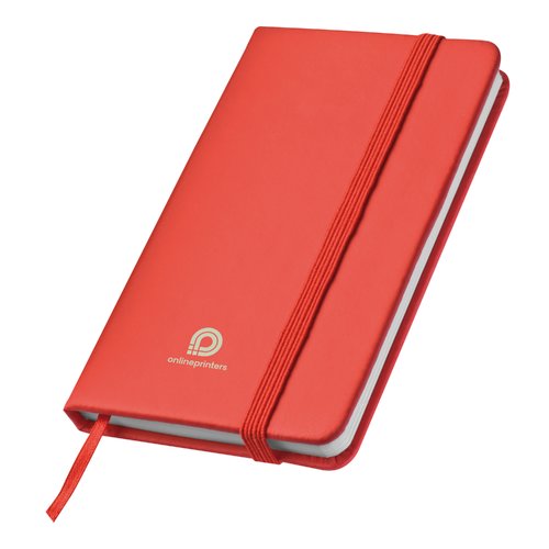 Red notebook with elastic band closure and ribbon bookmark.
