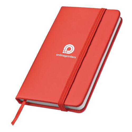 Red notebook with elastic band closure and ribbon bookmark.