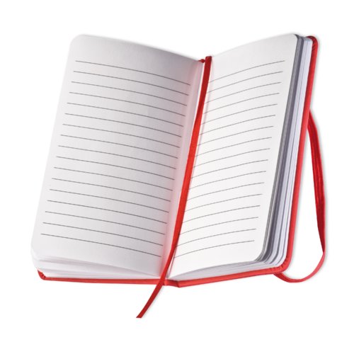 Red notebook with lined pages and ribbon bookmark.