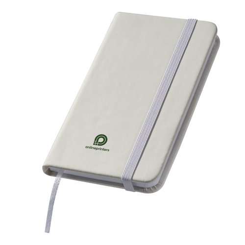White notebook with elastic band and ribbon bookmark.