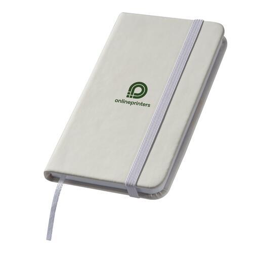 White notebook with elastic band and ribbon bookmark.