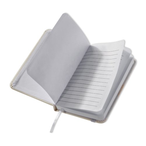 White notebook with hardcover and bookmark.