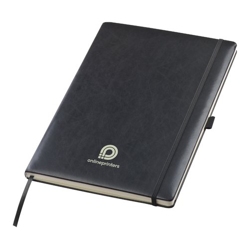 Black notebook with elastic closure and ribbon bookmark.