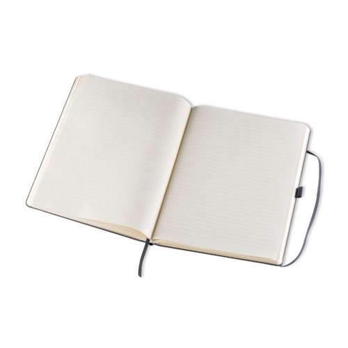 Black notebook with hardcover and bookmark.