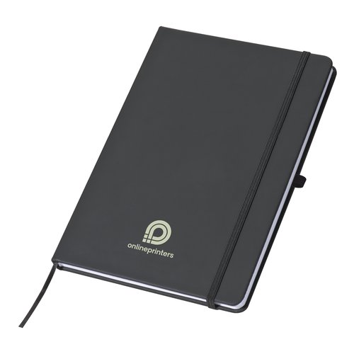 Gray notebook with elastic band and ribbon bookmark.