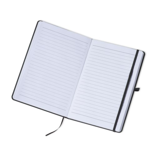 Black notebook with elastic band and ribbon bookmark.
