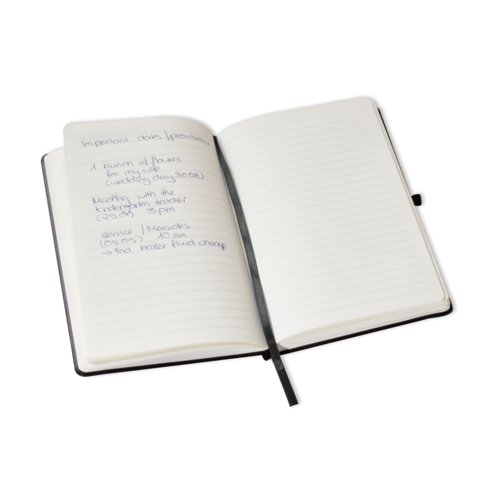 Black notebook with hardcover and bookmark.