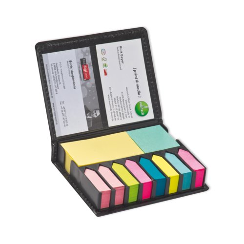 Black adhesive marker set with sticky notes and business card holder.