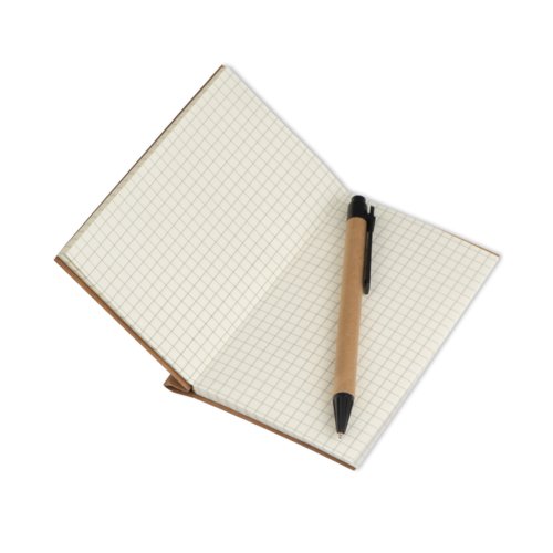 Brown notebook with lined pages.