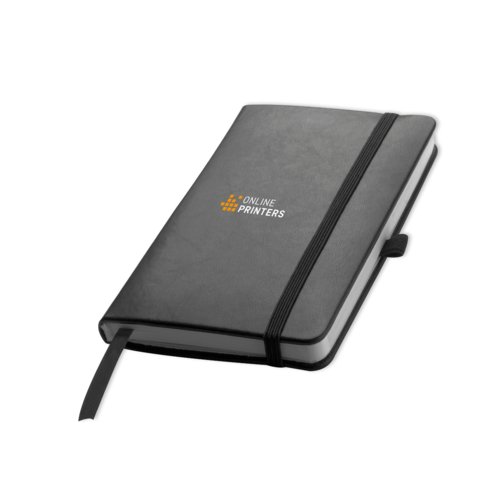 Black notebook with elastic closure and ribbon bookmark.