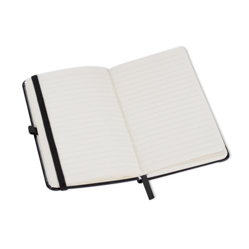 Black notebook with elastic closure and bookmark.