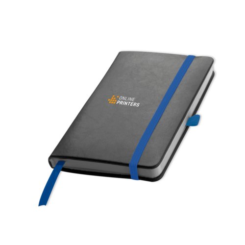 Blue hardcover notebook with elastic closure and ribbon bookmark.