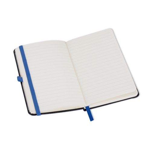 Blue notebook with elastic band and lined pages.