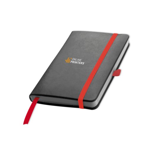 Red notebook with elastic band and ribbon bookmark.